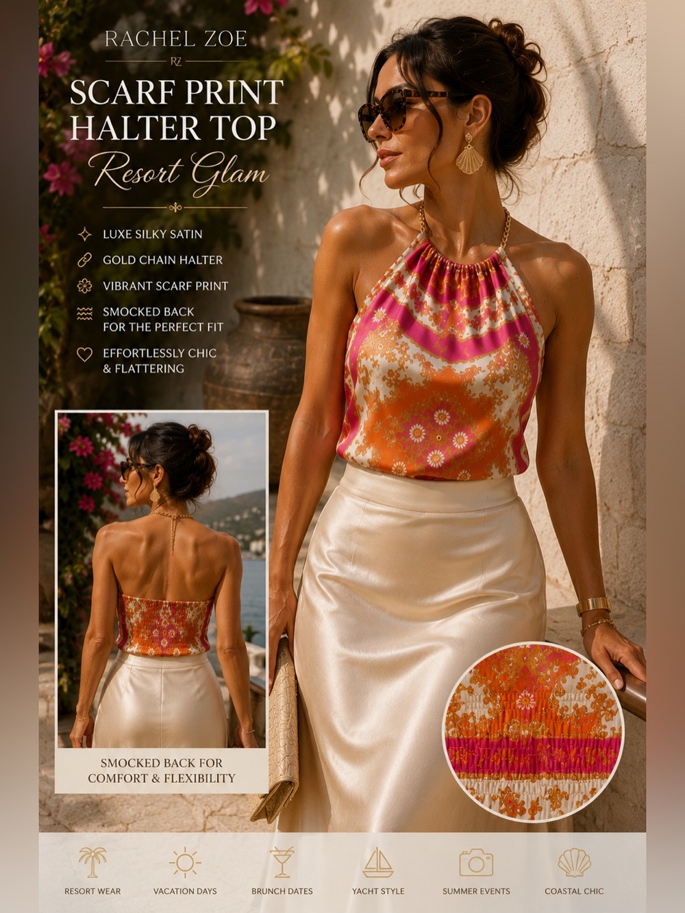 Rachel Zoe Chain Back Halter Top ✨ Resort Glam Scarf Print | Amalfi Coast Luxe - Picture 8 of 9